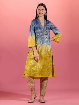 Gajra Gang - Blue Chanderi Kurta With Gold Foil Print Eastern Souk