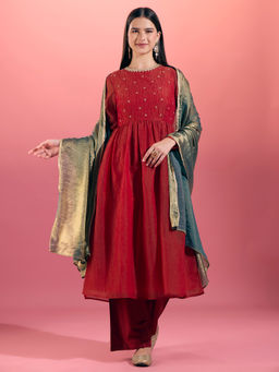 Gajra Gang - Rust Crush Tissue Kurta, Pant & Dupatta Eastern Souk (Set of 3)