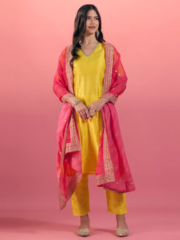 Gajra Gang - Yellow Embellished Kurta Pant and Embroidered Dupatta Trousseau Tijori