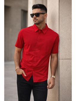 Parcel Yard - Red Button-Down Collar Cotton Blend Shirt