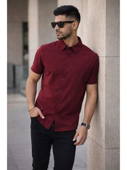Parcel Yard - Wine Button-Down Collar Cotton Blend Shirt