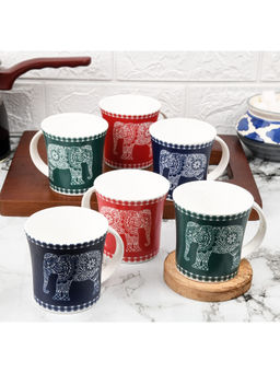 Femora - Majestic Elephant Ceramic Coffee & Tea Cup 160ml (Blue, Red, Green-2 Pcs Each Color)