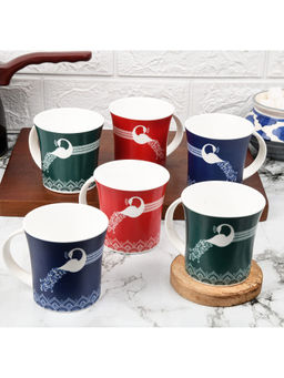 Femora - Royal Peacock Tea Mugs, Ceramic Coffee Mugs (160ml) - 6 Pcs Set (Blue, Red, Green)