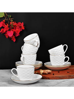 Femora - Indian Ceramic Gold Line Wave Ripple Pattern White Tea Cups & Saucer-200ml