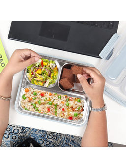 Femora - High Steel Container Rectangle Lunch Box - (Not Leakproof) (3 Pots) - Black