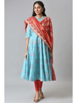 Aurelia - Blue Foil Printed Anarkali Kurta with Red Leggings and Printed Dupatta Set