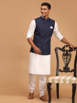 Vastramay - Mens Navy Blue and White Cotton Blend Jacket - Kurta and Pyjama (Set of 3)