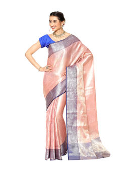 Banarasi Silk Works - Pink Kanchi Silk Zari Jamawar Border Saree with Unstitched Blouse