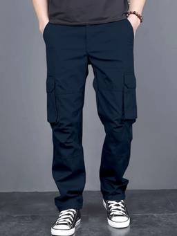 Oh Rare - Men Navy Blue Solid Relaxed Fit Cargo