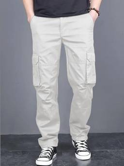 Oh Rare - Men Off White Solid Relaxed Fit Cargo