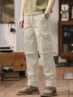 Oh Rare - Men Cream Solid Relaxed Fit Cargo