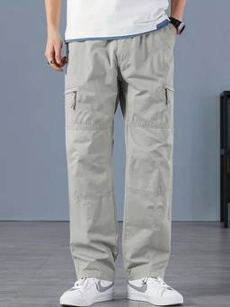 Oh Rare - Men Grey Solid Relaxed Fit Cargo