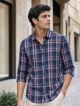 Nobero - Men Navy Blue Checks Regular Fit Shirt