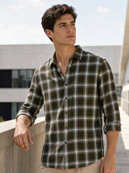 Nobero - Men Olive Checks Regular Fit Shirt