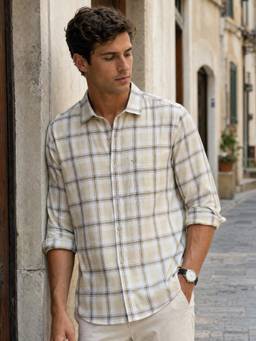 Nobero - Men Beige Checks Regular Fit Shirt