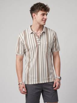 Charagh Din - Brown Stripes Regular Fit Polo T-shirt