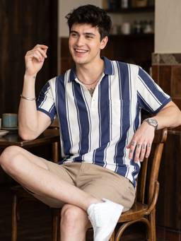 Charagh Din - Navy Blue Regular Fit Stripes Polo T-shirt