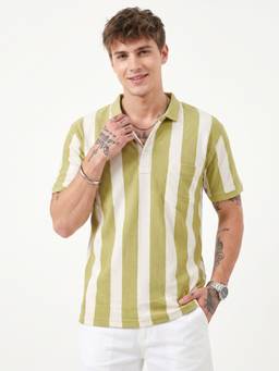 Charagh Din - Green Regular Fit Stripes Polo T-shirt