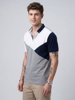 Charagh Din - Grey Colorblock Knit Regular Fit Polo T-shirt