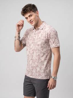 Charagh Din - Mauve Floral Printed Regular Fit Polo T-shirt