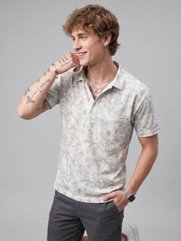 Charagh Din - Sage Green Floral Printed Regular Fit Polo T-shirt