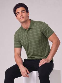 Van Heusen - Men Olive Cotton Stripes Regular Fit Polo T-shirt