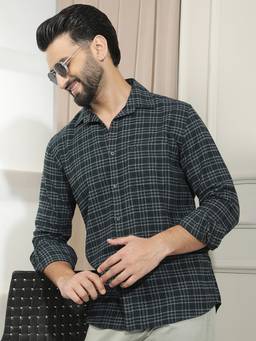 CRIMSOUNE CLUB - Men Green Checks Cotton Shirt