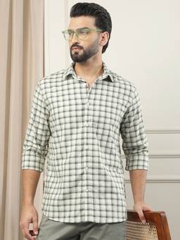 CRIMSOUNE CLUB - Men White-Green Checks Linen Shirt