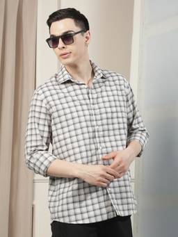 CRIMSOUNE CLUB - Men White-Purple Checks Linen Shirt