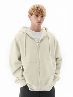 MANIAC - Men Off White Solid Zipper Hoodie