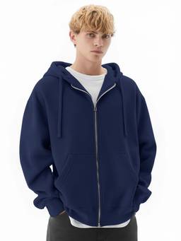 MANIAC - Men Navy Blue Solid Zipper Hoodie