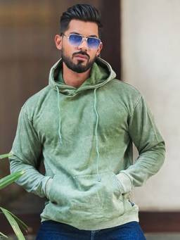 MANIAC - Men Green Solid Acid Wash Hoodie