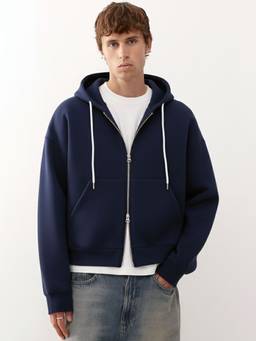 MANIAC - Men Navy Blue Solid Dual Zipper Hoodie