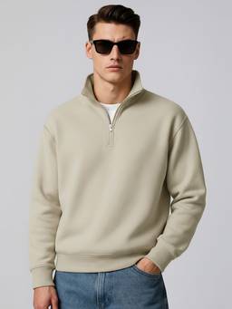 MANIAC - Men Beige Solid High Neck Full Sleeves Sweatshirt