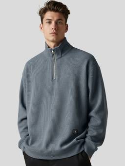 MANIAC - Men Grey Textured High Neck Full Sleeves Sweatshirt