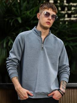 MANIAC - Men Light Grey Solid Zipper Sweatshirt