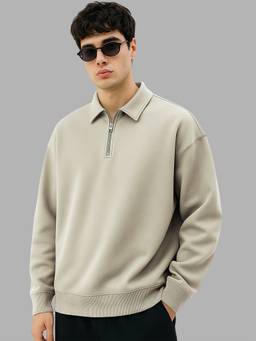 MANIAC - Men Beige Solid Full Sleeves Biscuit Sweatshirt