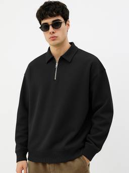 MANIAC - Men Black Solid Full Sleeves Biscuit Sweatshirt