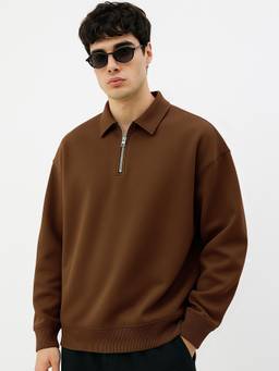 MANIAC - Men Brown Solid Full Sleeves Biscuit Sweatshirt