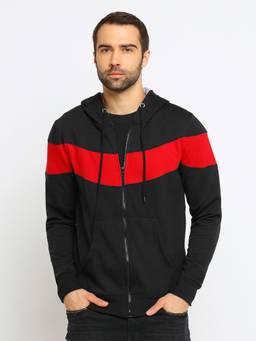 MANIAC - Men Black Colorblock Zipper Hoodie