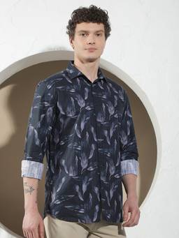 CRIMSOUNE CLUB - Men Navy Blue Leaf Printed Shirt