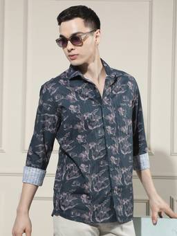 CRIMSOUNE CLUB - Men Navy Blue Floral Printed Shirt