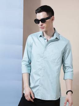 CRIMSOUNE CLUB - Men Light Blue Vertical Stripes Shirt