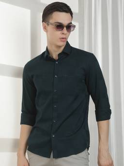 CRIMSOUNE CLUB - Men Green Self Design Cotton Shirt