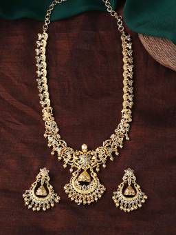 Estele - Gold Plated CZ Floral Designer Bridal Necklace Set with Pearls for Women