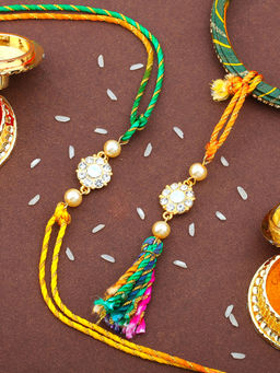 Estele - Gold Plated Floral Design Bhaiya Bhabhi Rakhi with Silk Multi Color Thread