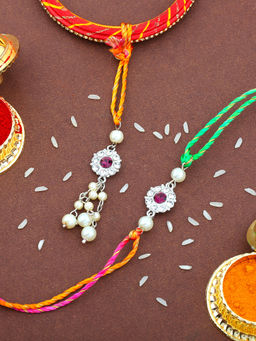 Estele - Rhodium Plated Circular Design Bhaiya Bhabhi Rakhi with Multi Color Thread