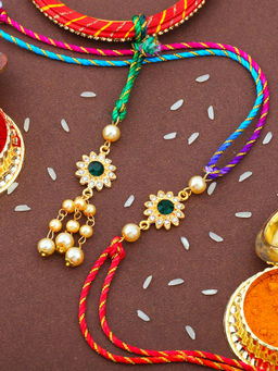 Estele - Gold Plated Sublime Floral Bhaiya Bhabhi Rakhi with Silk Multi Color Thread