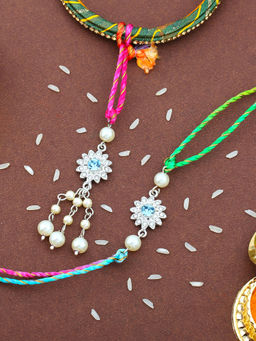 Estele - Rhodium Plated Floral Rakhi for Bhaiya Bhabhi with Multi Color Silk Thread
