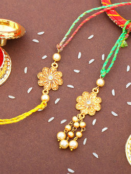Estele - Gold Plated Floral Designer Bhaiya Bhabhi Rakhi with Multi Color Thread